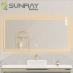Sandblasted large square horizontal bathroom mirror with rounded corners and sandblasted double buttons