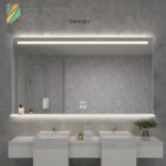 Sandblasted square bathroom mirror with a horizontal sandblasted strip and acrylic panel