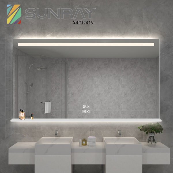 Sandblasted square bathroom mirror with a horizontal sandblasted strip and acrylic panel