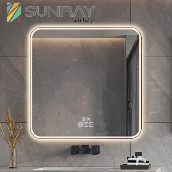 Sandblasted square bathroom mirror with motion sensor light