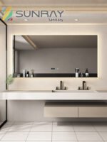 Square bathroom mirror without sand - blasting, unrounded corners and with three buttons